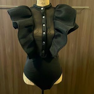 Boutique black winged bodysuit.  Sheer front with buttons. SZ M